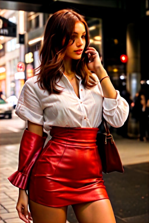 Photograph of a beautiful skinny  brown skinned woman with reddish-brown hair in a city. Shake and sophisticated with sharp features, elegant posture and high fashion attire. A bustling city street with tall glass buildings, right in the on lights and busy crowds model: SD XL