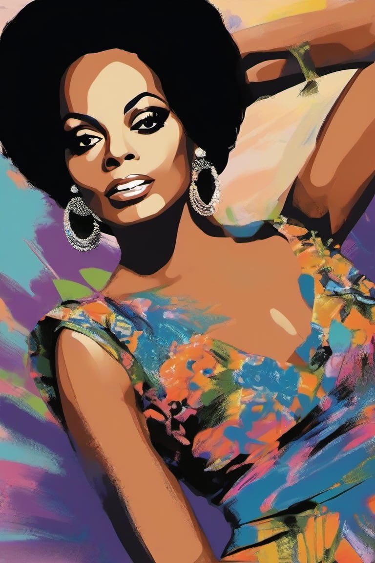 "Create a mesmerizing illustration capturing Diana Ross's timeless allure and captivating stage presence. Highlight her radiant complexion, expressive almond-shaped eyes adorned with eyeliner and mascara, and her perfectly framed eyebrows. Showcase her iconic jet-black, voluminous coiffed hair that frames her face elegantly. Let her graceful, slender figure shine in a fashionable outfit that accentuates her curves, solidifying her status as a style icon. Bring to life the magic of Diana Ross as she commands the stage with her stunning beauty and charismatic aura."