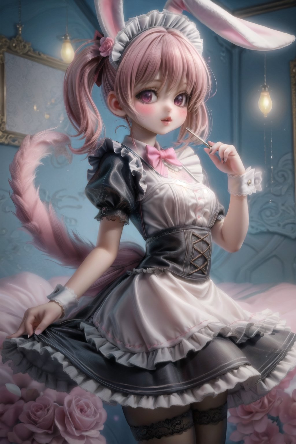 The pink bunny system, a system in which women dress as cute pink bunnies. In this visually stunning image, a delicate pink bunny is depicted with intricate lace details on her outfit, a fluffy tail, and over-the-top makeup. The image appears to be a detailed digital painting, soft pastel colors and whimsical details create a whimsical and charming atmosphere. This high quality image exudes charm and fantasy, playful innocence and femininity. Maid uniform, mikazuki_kiryu
