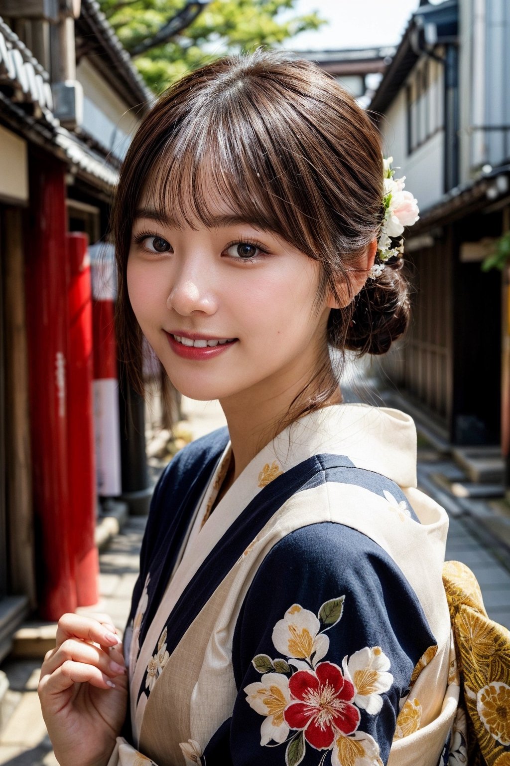 (photorealistic, masterpiece, best quality, raw photo), 1 beautiful woman, 22 years old, taiwanese girl,smiling with visible perfect teeth, detailed beautiful eyes and face, full_body, Japanese, traditional navy-based kimono with flower pattern, cultural outfit, (light-brown hair tied up in 1 bang), with flower ornaments, realistic detailed skin texture, on a street in Kyoto, natural sunlight, depth of fields, close-up portrait, sharp-focus