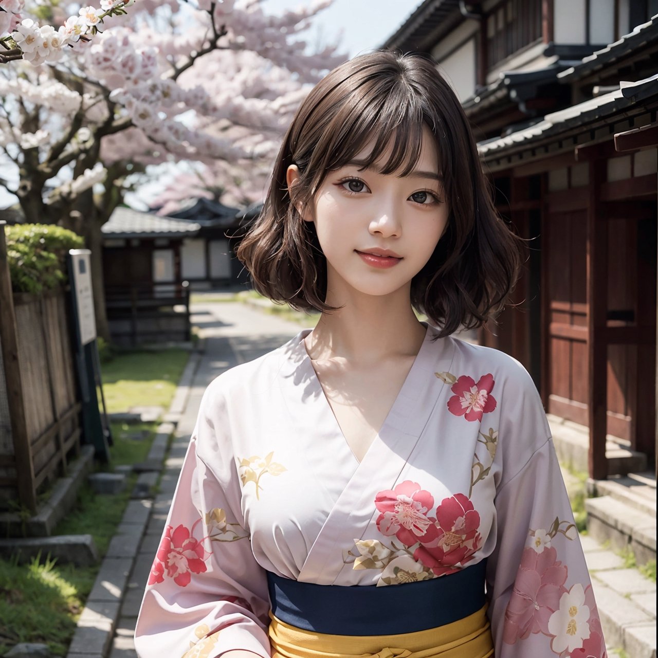 (best quality,masterpiece, photorealistic, highly detailed), walking on a street,kyoto,in her 20s, detailed beautiful face, detailed beautiful eyes,,kamoji,（nihongami),short wavy curly hair,blunt_bangs, smile,long Kimono,royal Kimono,tradition japan dress,realistic detailed skin texture, detailed hair, upper body,sharp focus, asian girl,kamoji,nihongami
dusk,natural lighting,sakura tree,kamoji