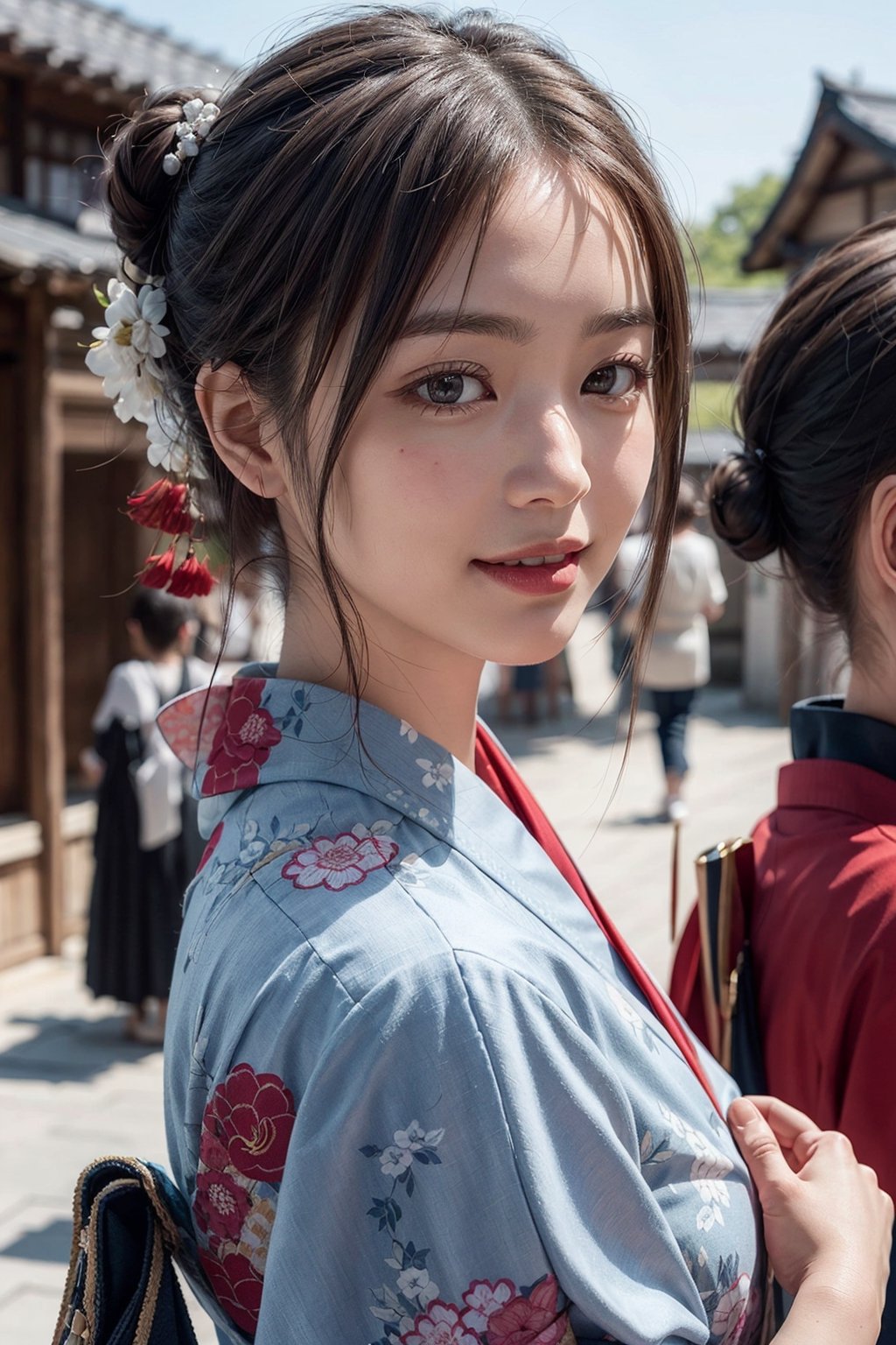 a highly detailed photorealistic digital painting of a female wearing a traditional Kimono, with a warm smile on her face. The Kimono showcases intricate patterns and vibrant colors, emphasizing the beauty of the traditional Japan dress. The artwork highlights the realism of the character, with a focus on the detailed skin texture and meticulously rendered hair. The image is a close-up of the upper body, creating a sharp focus on the girl's expressive face. The character embodies the essence of Asian beauty, with features reminiscent of a kamoji. The hairstyle, known as nihongami, adds to the authenticity of the scene.