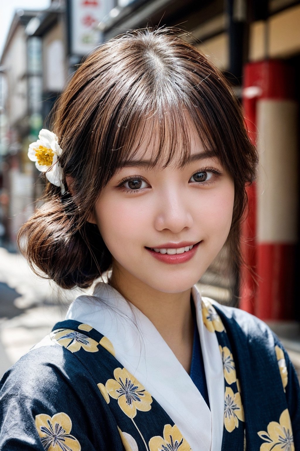 (photorealistic, masterpiece, best quality, raw photo), 1 beautiful woman, 22 years old, taiwanese girl,smiling with visible perfect teeth, detailed beautiful eyes and face, full_body, Japanese, traditional navy-based kimono with flower pattern, cultural outfit, (light-brown hair tied up in 1 bang), with flower ornaments, realistic detailed skin texture, on a street in Kyoto, natural sunlight, depth of fields, close-up portrait, sharp-focus