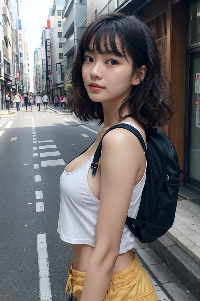 (best quality,masterpiece, photorealistic, highly detailed), 1 beautiful female backpacker is traveling in Tokyo, walking in a street, skytree tower,in her 20s, detailed beautiful face, detailed beautiful eyes,short wavy curly hair,blunt_bangs, light smile,wearing a tshirt, short pants, cleavage,realistic detailed skin texture, detailed hair, sharp focus, asian girl,drama angle,natural lighting,looking afar,