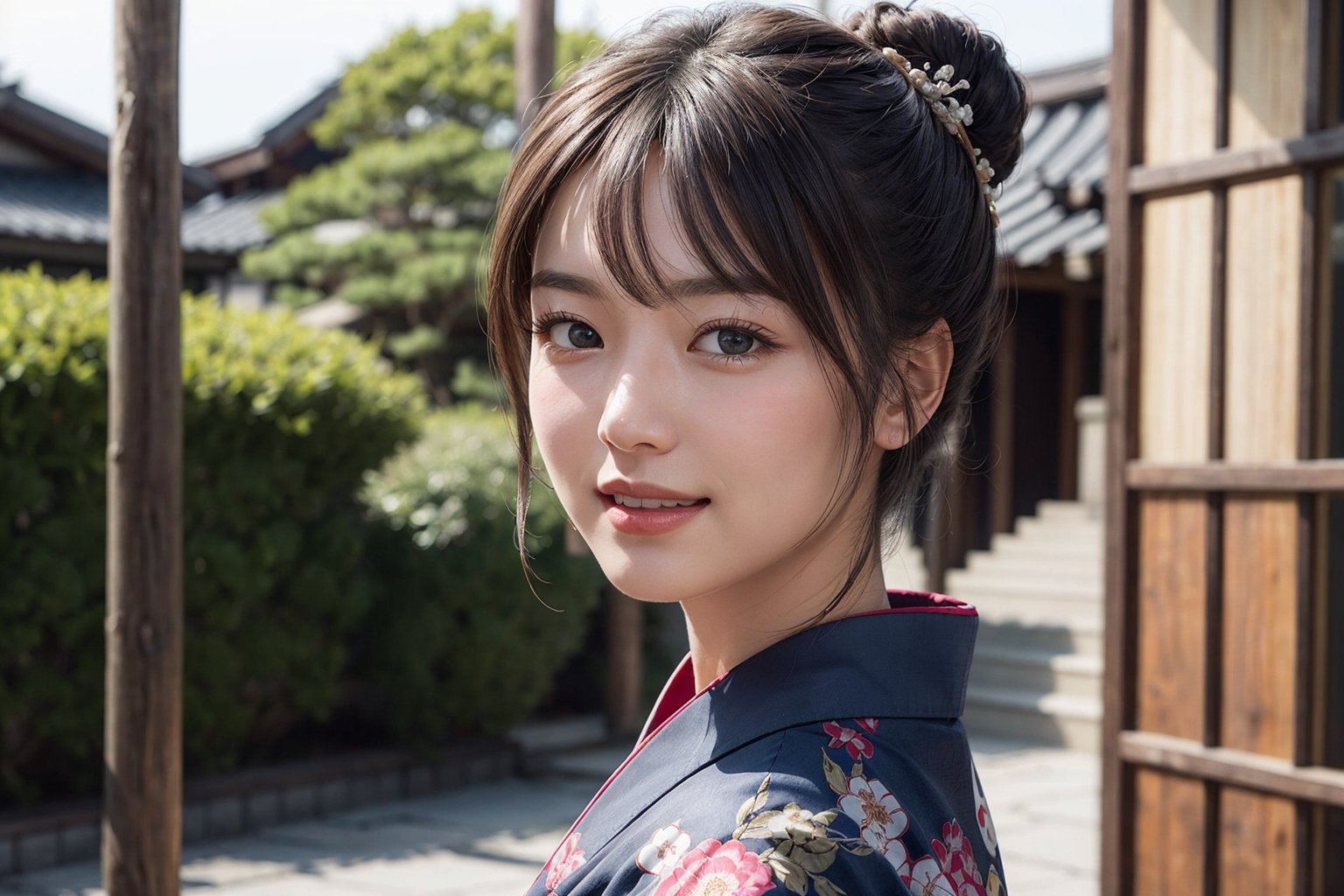 a highly detailed photorealistic digital painting of a female wearing a traditional Kimono, with a warm smile on her face. The Kimono showcases intricate patterns and vibrant colors, emphasizing the beauty of the traditional Japan dress. The artwork highlights the realism of the character, with a focus on the detailed skin texture and meticulously rendered hair. The image is a close-up of the upper body, creating a sharp focus on the girl's expressive face. The character embodies the essence of Asian beauty, with features reminiscent of a kamoji. The hairstyle, known as nihongami, adds to the authenticity of the scene.