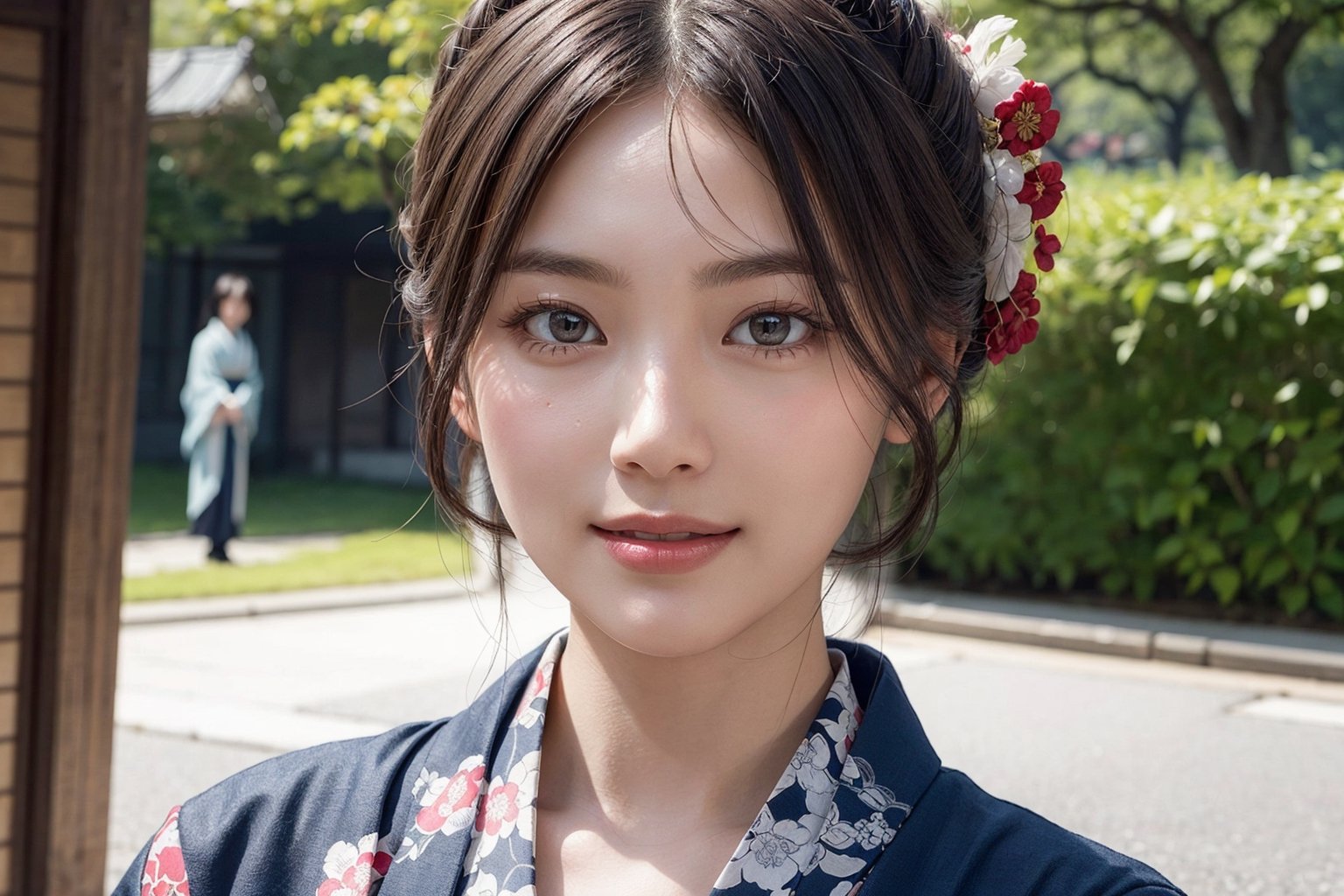 a highly detailed photorealistic digital painting of a female wearing a traditional Kimono, with a warm smile on her face. The Kimono showcases intricate patterns and vibrant colors, emphasizing the beauty of the traditional Japan dress. The artwork highlights the realism of the character, with a focus on the detailed skin texture and meticulously rendered hair. The image is a close-up of the upper body, creating a sharp focus on the girl's expressive face. The character embodies the essence of Asian beauty, with features reminiscent of a kamoji. The hairstyle, known as nihongami, adds to the authenticity of the scene.