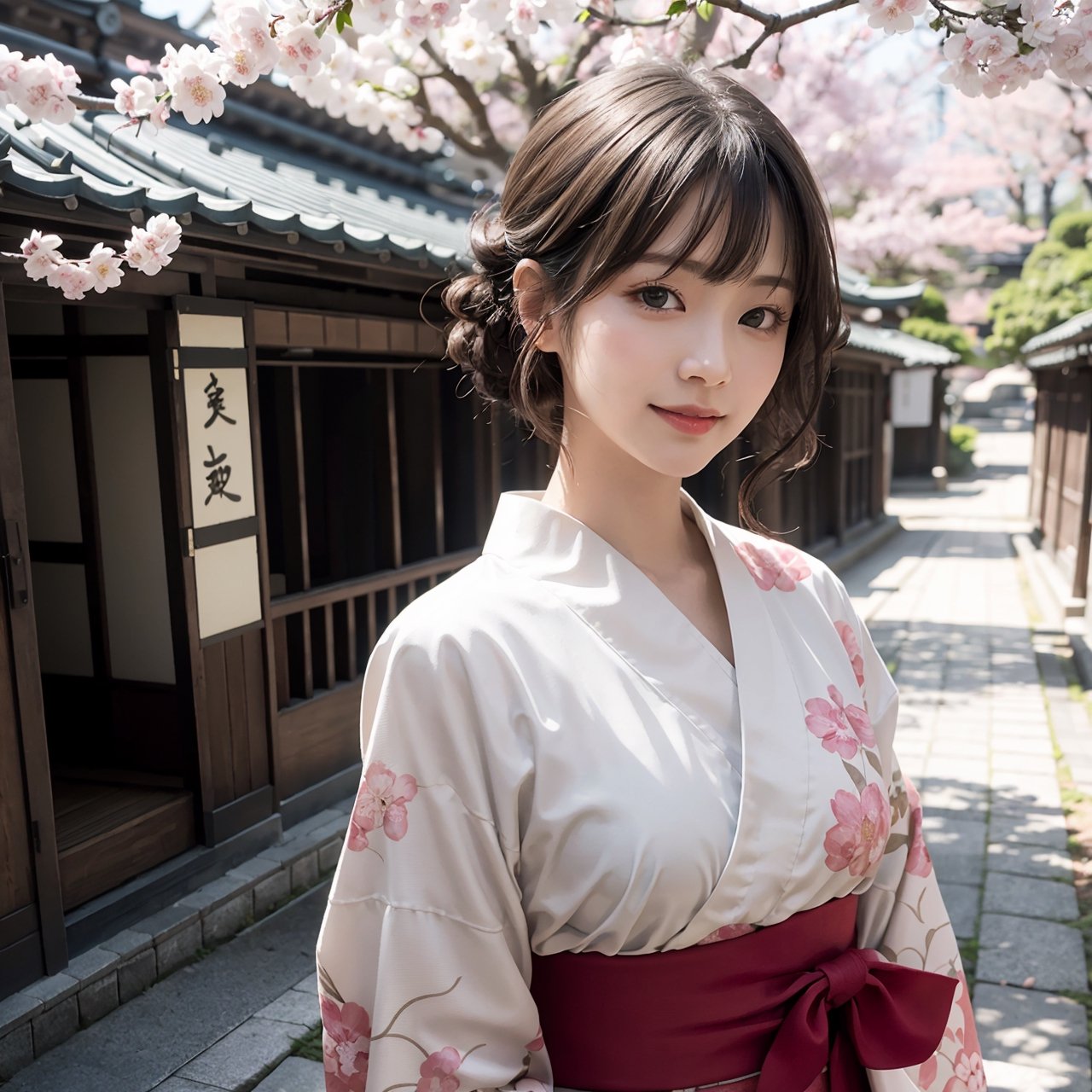 (best quality,masterpiece, photorealistic, highly detailed), walking on a street,kyoto,in her 20s, detailed beautiful face, detailed beautiful eyes,,kamoji,（nihongami),short wavy curly hair,blunt_bangs, smile,long Kimono,royal Kimono,tradition japan dress,realistic detailed skin texture, detailed hair, upper body,sharp focus, asian girl,kamoji,nihongami
dusk,natural lighting,sakura tree,kamoji