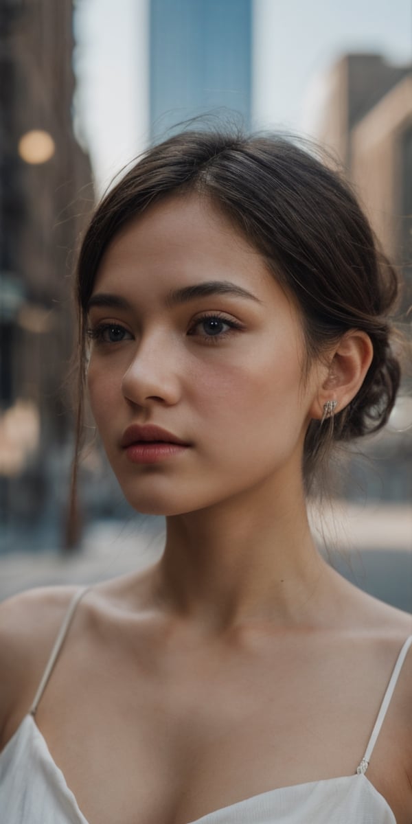 {{ female beauty young girl }}, shocked, city background, soft focus portrait, 50 mm camera, shallow depth of field,  stunning award winning photo,  global illumination,  bright environment,  highly detailed skin texture,  hyper realistic skin, { fullbody, full_body }