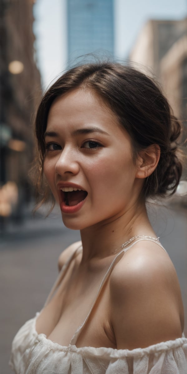 {{ female beauty young girl }}, screaming, city background, soft focus portrait, 50 mm camera, shallow depth of field,  stunning award winning photo,  global illumination,  bright environment,  highly detailed skin texture,  hyper realistic skin, { fullbody, full_body }