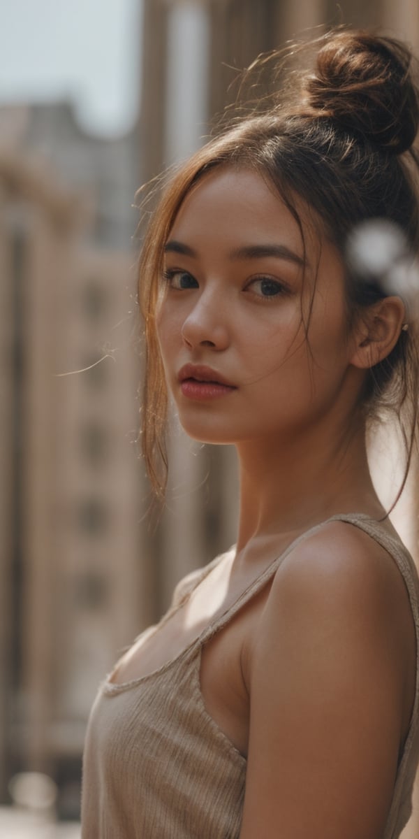 {{ female beauty young girl }}, shocked, city background, soft focus portrait, 50 mm camera, shallow depth of field,  stunning award winning photo,  global illumination,  bright environment,  highly detailed skin texture,  hyper realistic skin, { fullbody, full_body }