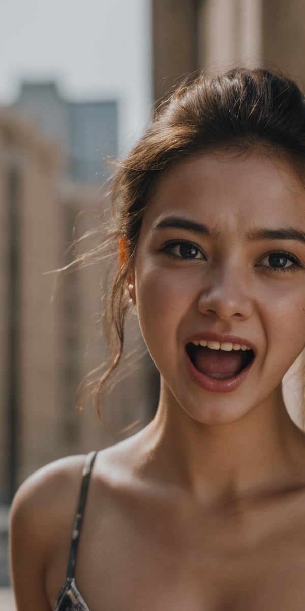 {{ female beauty young girl }}, screaming, city background, soft focus portrait, 50 mm camera, shallow depth of field,  stunning award winning photo,  global illumination,  bright environment,  highly detailed skin texture,  hyper realistic skin, { fullbody, full_body }