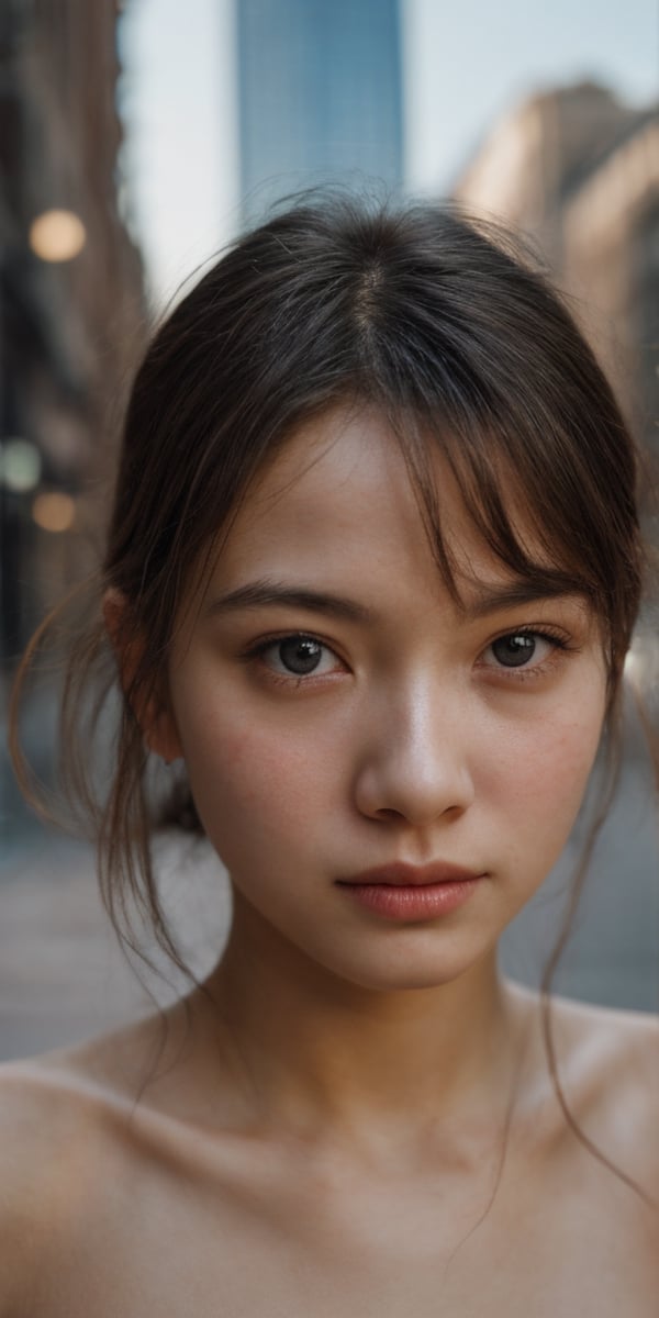 {{ female beauty young girl }}, scared, city background, soft focus portrait, 50 mm camera, shallow depth of field,  stunning award winning photo,  global illumination,  bright environment,  highly detailed skin texture,  hyper realistic skin, { fullbody, full_body }