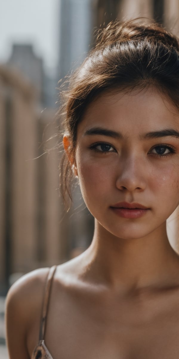 {{ female beauty young girl }}, crying, city background, soft focus portrait, 50 mm camera, shallow depth of field,  stunning award winning photo,  global illumination,  bright environment,  highly detailed skin texture,  hyper realistic skin, { fullbody, full_body }