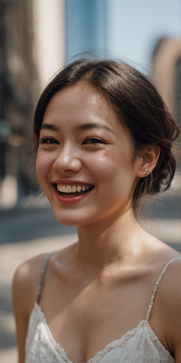 {{ female beauty young girl }},  laughing, city background, soft focus portrait, 50 mm camera, shallow depth of field,  stunning award winning photo,  global illumination,  bright environment,  highly detailed skin texture,  hyper realistic skin, { fullbody, full_body }