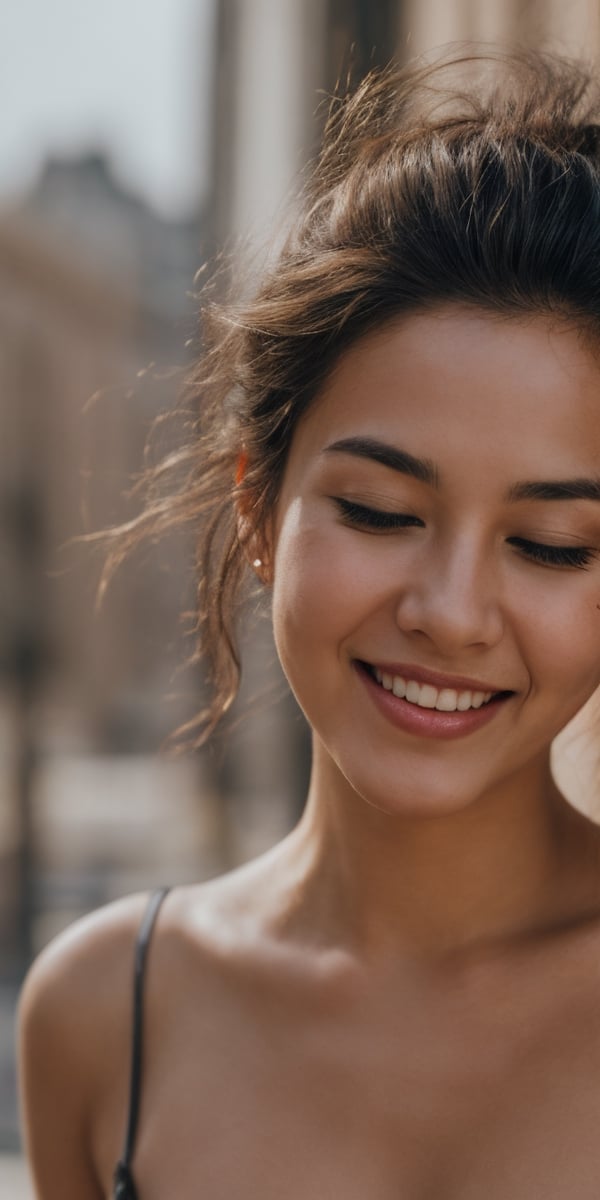 {{ female beauty young girl }}, flirtatious smile, eyes closed, city background, soft focus portrait, 50 mm camera, shallow depth of field,  stunning award winning photo,  global illumination,  bright environment,  highly detailed skin texture,  hyper realistic skin, { fullbody, full_body }