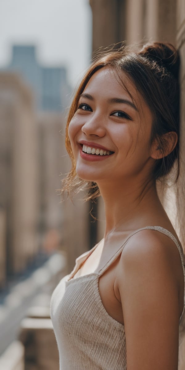 {{ female beauty young girl }},  laughing, city background, soft focus portrait, 50 mm camera, shallow depth of field,  stunning award winning photo,  global illumination,  bright environment,  highly detailed skin texture,  hyper realistic skin, { fullbody, full_body }