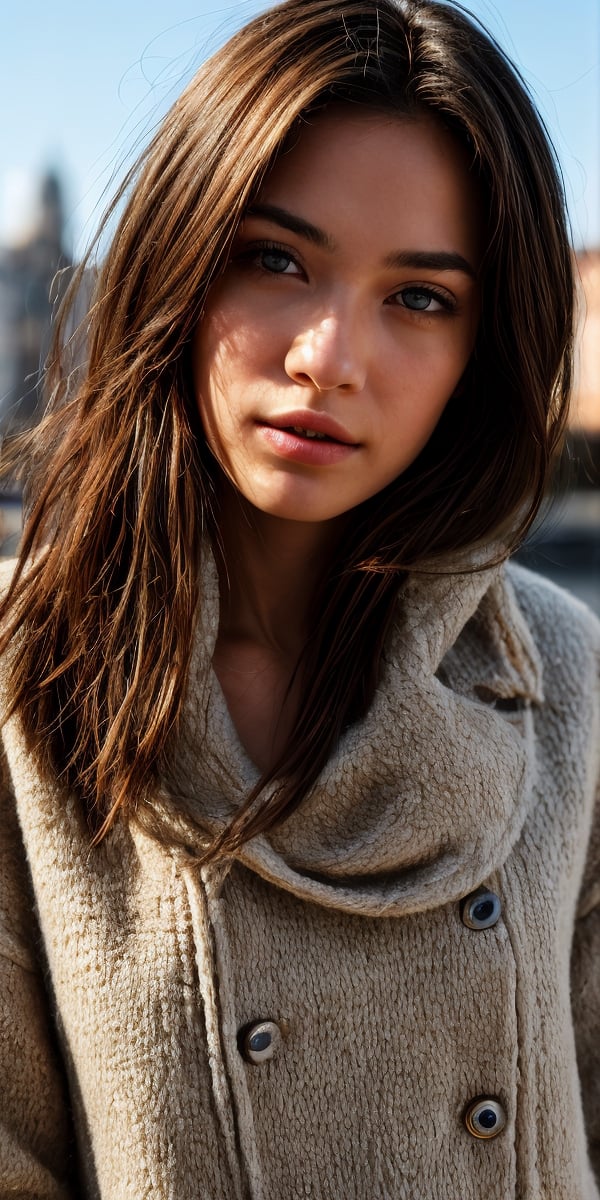 {{ female beauty caucasian girl }},  wear trendy winter clothes, walk in the big city,  perfect detailed face, detailed symmetric hazel eyes with circular iris, realistic, stunning realistic photograph, soft focus portrait,  50 mm camera,  shallow depth of field,  stunning award winning photo,  global illumination,  bright environment,  highly detailed skin texture,  hyper realistic skin,  { fullbody,  full_body }, 