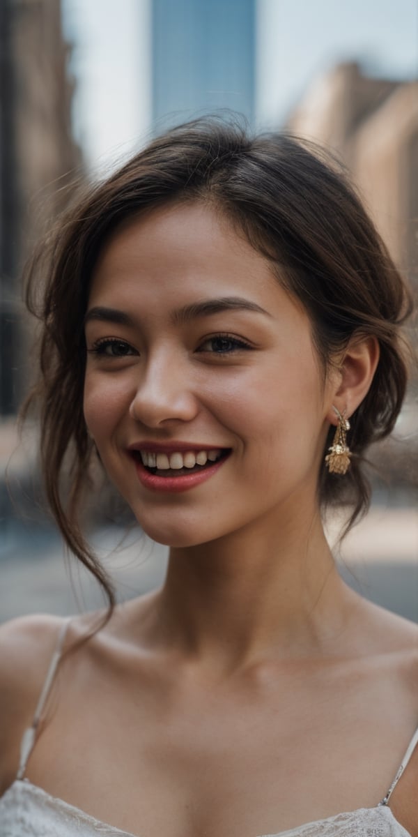 {{ female beauty young girl }}, smile with her tongue sticking out, city background, soft focus portrait, 50 mm camera, shallow depth of field,  stunning award winning photo,  global illumination,  bright environment,  highly detailed skin texture,  hyper realistic skin, { fullbody, full_body }