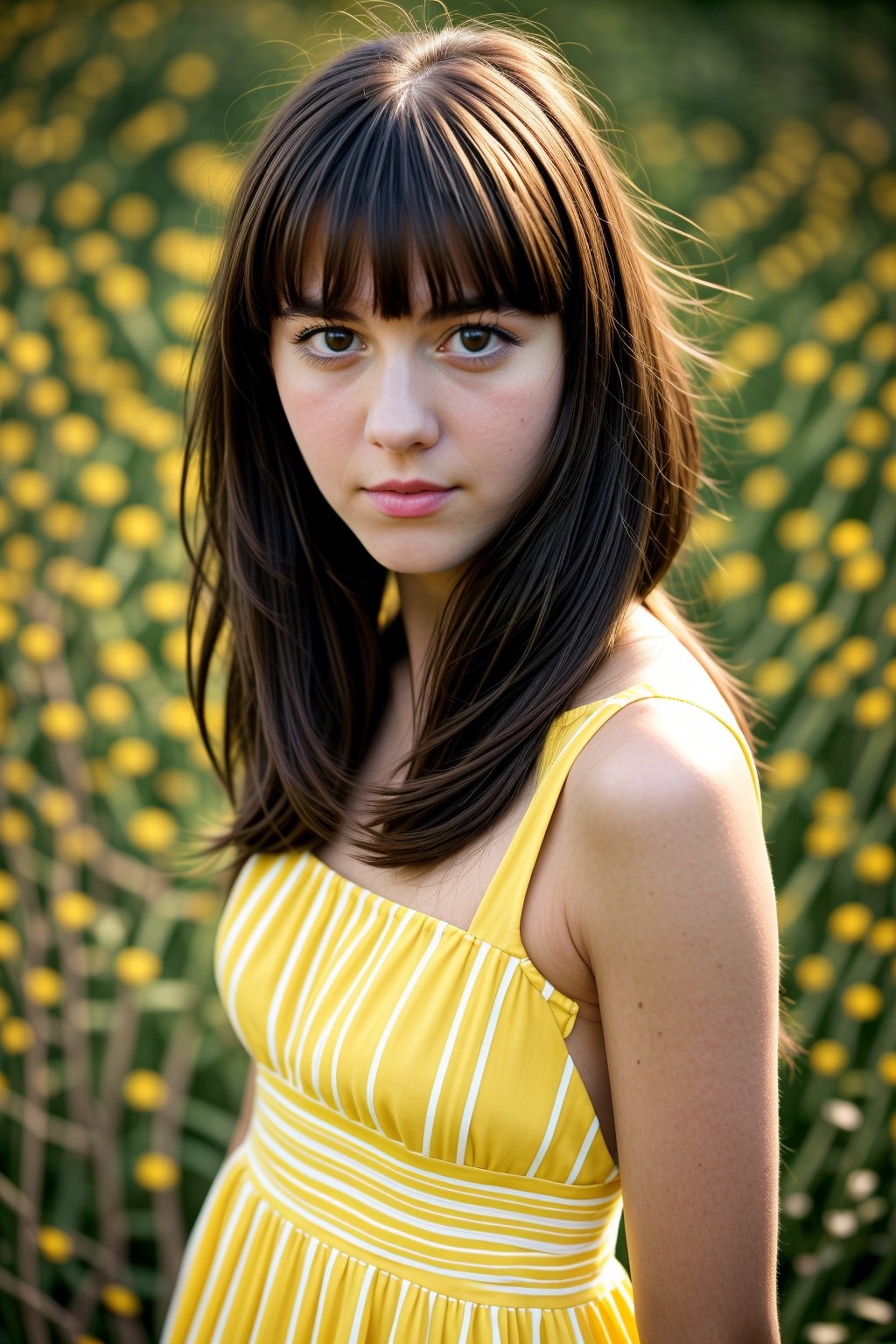 masterpiece, best quality, young wo_marywinstead01, in yellow sundress, brown eyes, portrait, long hair with bangs, looking at viewer, simple background, Nikon D750, 32k, Megapixel, HDR, Leica 50mm lens, Kodak Portra 800 film,<lora:659111690174031528:1.0>