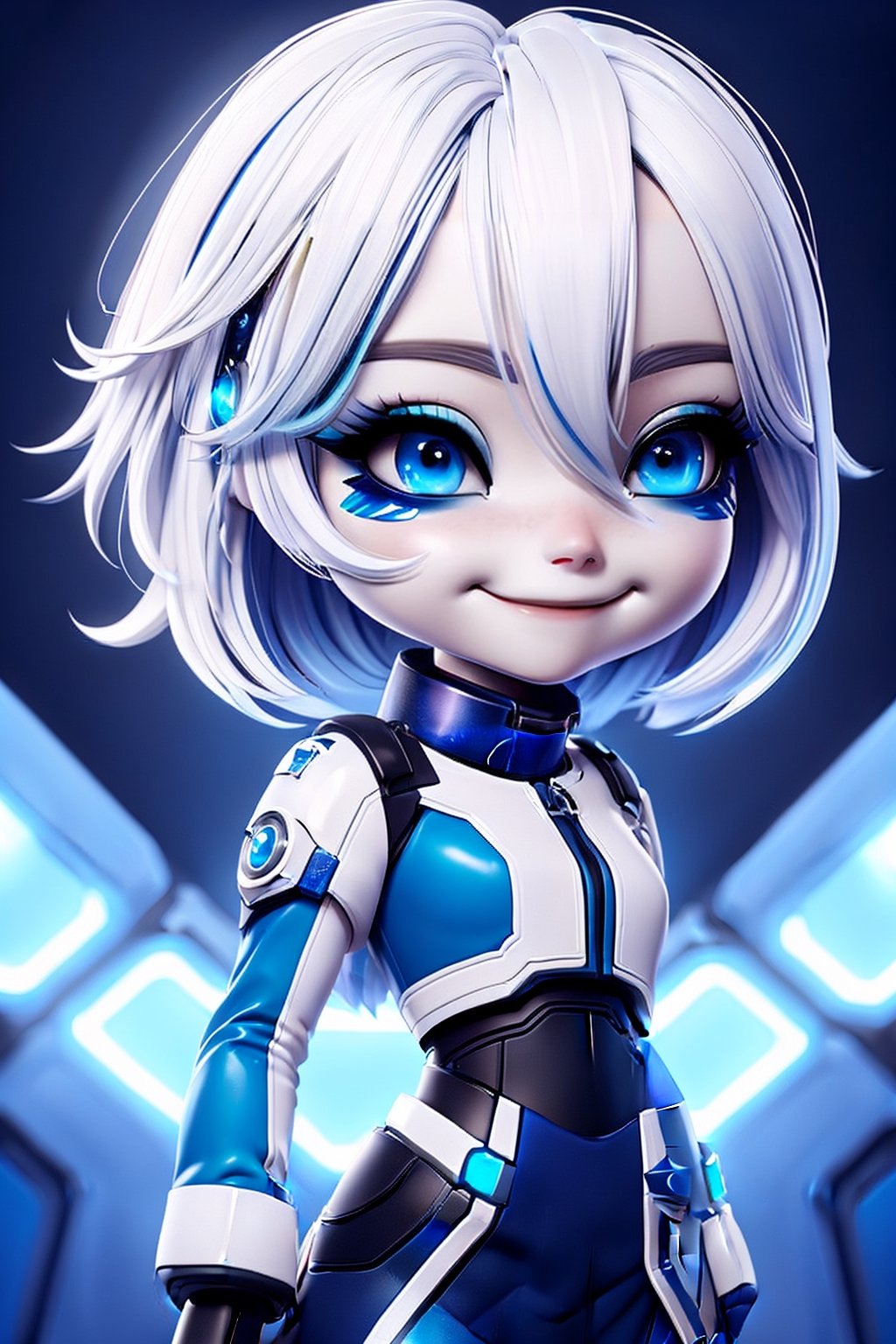 wo_g0rg301, chibi, a woman wearing a space outfit, in a space station, white hair with blue stripes, blue eyes and eye shadow, she has a big smile on herface, digital painting, masterpiece, 8k, UHD.