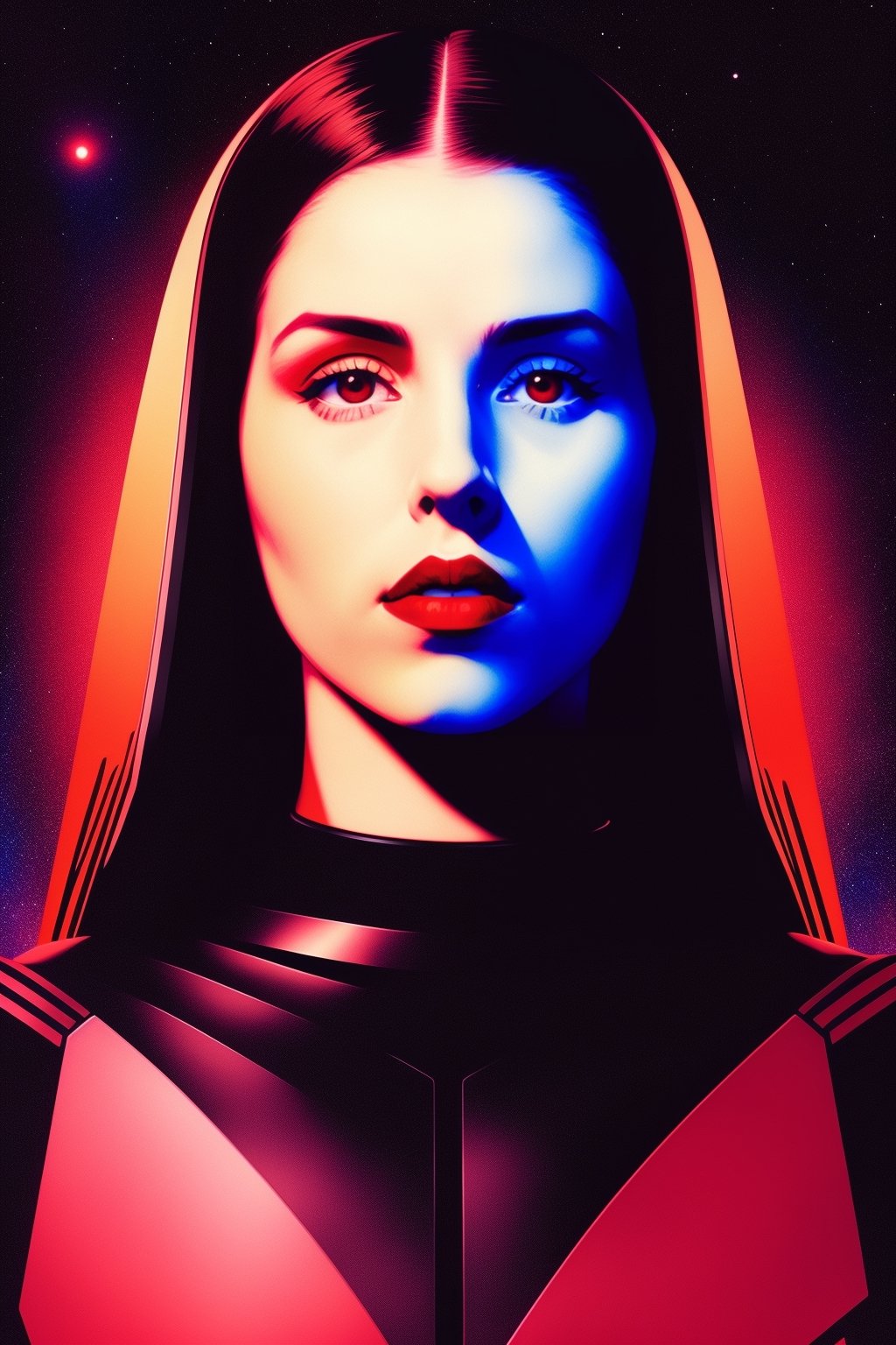 upper body portrait of wo_heidyp01, skin details, brown hair,  wearing a black and red sci-fi outfit, black to blue radial gradient background, style of Vincent Di Fate, masterpiece