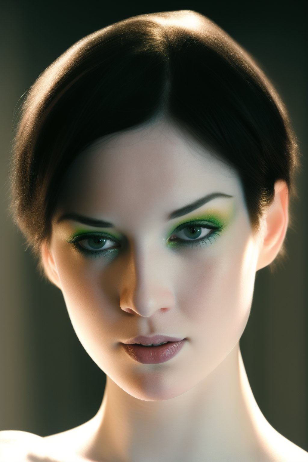a portrait photo of a beautiful wo_stoya with white pale skin, (short black hair), green eyes, (face portrait:1.5), dramatic light , Rembrandt lighting scheme, (hyperrealism:1.2), (photorealistic:1.2), shot with Canon EOS 5D Mark IV, detailed face, detailed hair