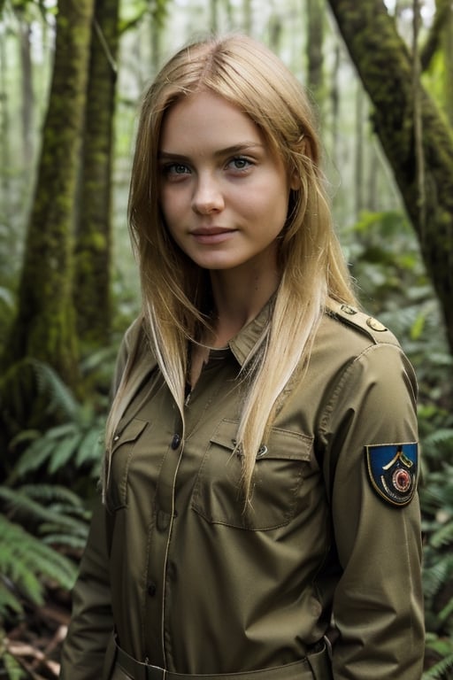 portrait of wo_fmmika01, facing the camera, serious, (tied and blonde hair:1.2), slim body, wearing military outfit, in an amazon forest, rainy, muddy, natural illumination, shot on Lumix GH5