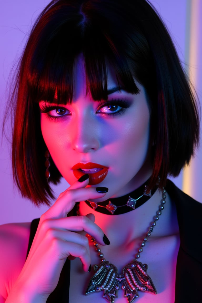 masterpiece, neon splash art of a goth cyberpunk wost0y4, straight-cut bob, bangs, black hair with red streak, earrings, necklaces, red thin lips, dark eyeshadow, choker, black nail varnish, one hand near her mouth, sensual, sexy, vibrant surreal colours
