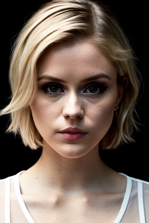 portrait of the wo_erinmor01,  headshot_portrait,  short blonde hair,  see through shirt,  black background,  global illumination,  high details,  UHD,  RAW,  HDR effect,  beautiful,  aesthetic,  perfect lighting,  woman