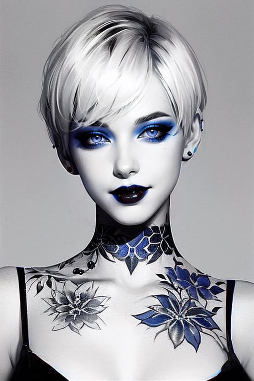 A full body portrait of a woman with white short hair, wearing a red dress, blue lipstick and blue eye shadow, smiling, tattoo on her neck, black and white, digital painting,wo_g0rg301