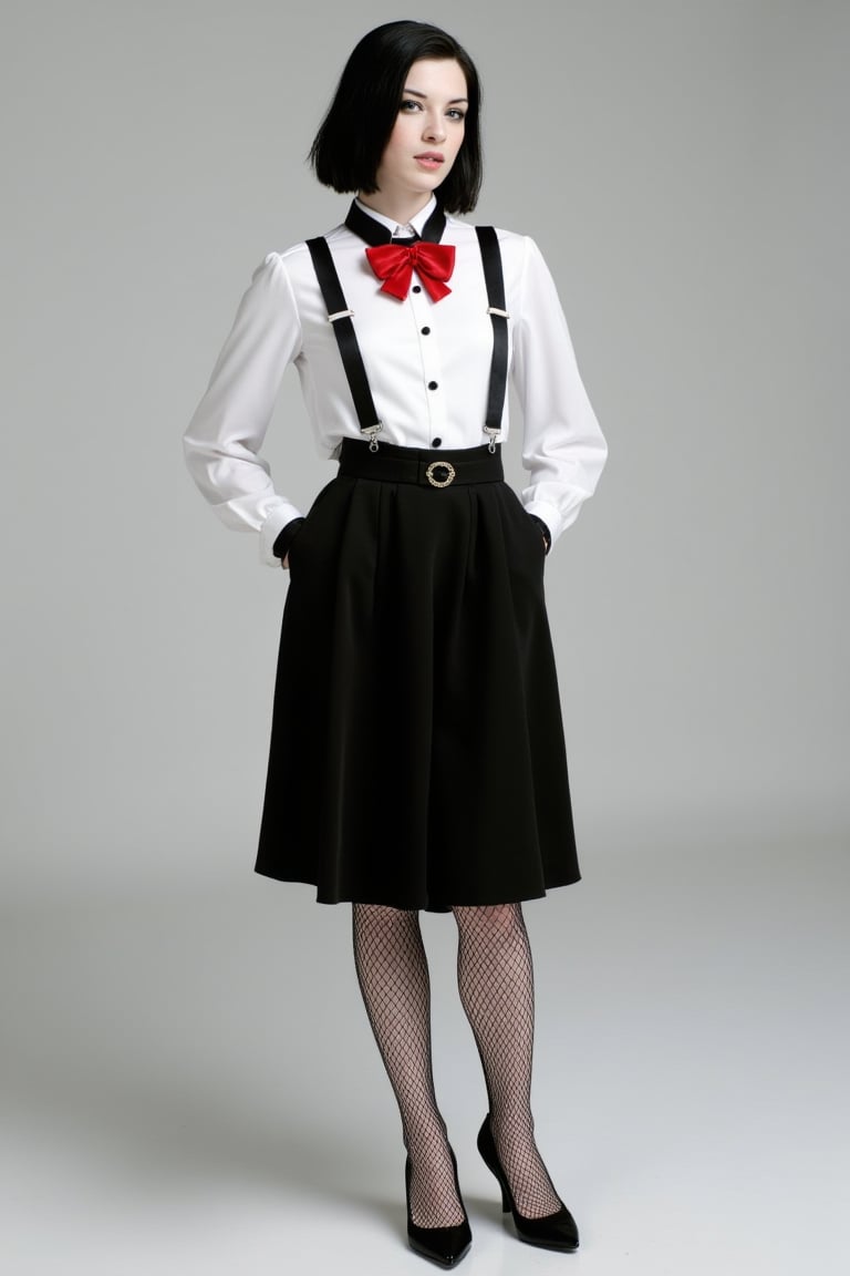 wost0y4 is wearing a stylish outfit that appears to be inspired by a vintage style. She has on a white blouse with a black collar and red bow tie. The blouse is buttoned up and has high collar. She is wearing a black skirt that reaches her knees, which is paired with a black belt that cinches at the waist, accentuating her figure. The skirt has a pleated design, adding a touch of elegance to the outfit. Her lower legs are adorned with black fishnet stockings, which are a common accessory in vintage fashion.. The stockings are helf up by a black suspender belt, which is not visible in the image but is implied by stockings' placement. On her feet, she has black high-heeled shoes that complement the overall dark color scheme of her outfit. The shoes have a pointed toe, which is a classic design that adds to the vintage aesthetic. She has medium black hair and white pale skin