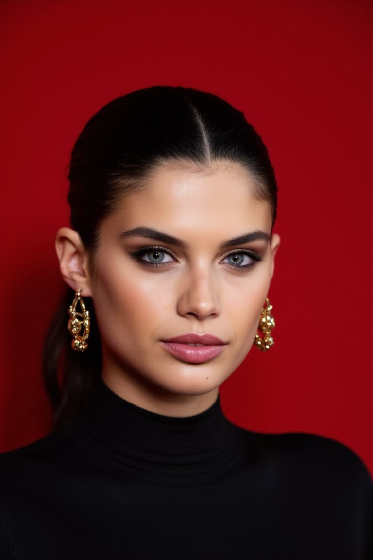 A professional photograph featuring wos4r4s4m she is wearing large, dangling gold earrings. She has dark hair and is tied in a ponytail. Her eyes are accentuated with dark makeup, and she is wearing a black garment with high collar or turtleneck. The background is a solid, deep red color, which constrasts with the subject.  The overall style of the image is modern and artistic, with a focus on bold colors and dramatic features.
