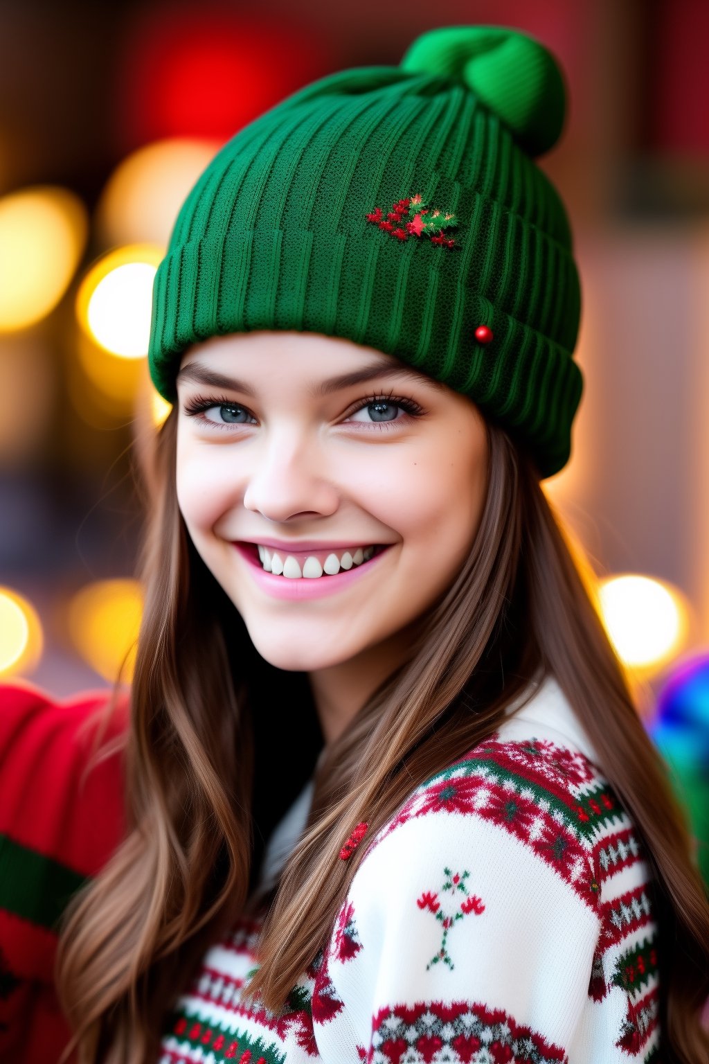 wo_barbpalvin01, smile, delicate traits, Sharp Focus, low key lighting, shot on Lumix GH5, cinematic bokeh, beanie, christmas sweater, christmas clothes, brown hair, (simple background:1.2), sharp cheekbones, teasing, detailed skin, Detailedface