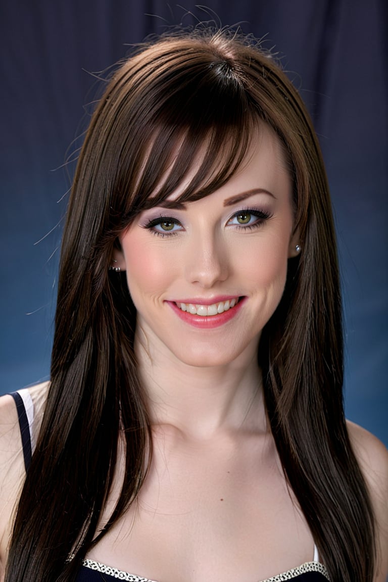 portrait of ohwx woman, pale skin, long straight hair, swept bangs, smile, grin, ISO, cannon, professional photo, sharp, detailed skin, 120mm