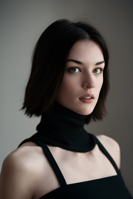 portrait of the woStoya, upper body shot, wearing black dress with turtleneck,black background, global illumination, high details, UHD, RAW, HDR effect, beautiful, aesthetic, perfect lighting