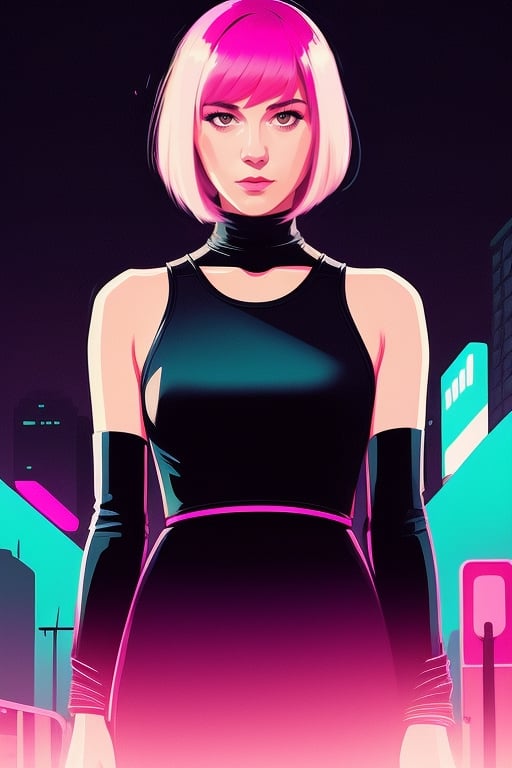 style of Alena Aenami,  wo_marywinstead01,  pink bob cut,  black dress,  portrait,  night city in the background,  centered,  in frame,  concept art,  digital illustration,  matte,  sharp focus,  smooth,  intrincate