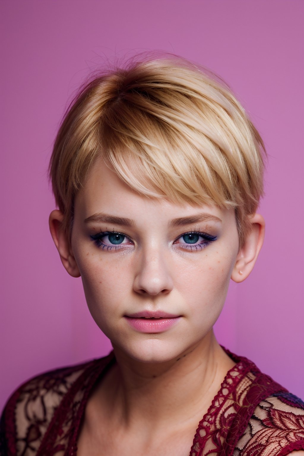 a portrait of the wo_haleyben01,  headshot_portrait,  blonde short pixie hair,  wearing a lace red shirt,  colorful background,  global illumination,  high details,  UHD,  RAW,  HDR effect,  beautiful,  aesthetic,  perfect lighting,  thin nose,  woman, deep blue eyes