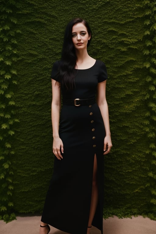 wo_evagreen01, (black hair:1.2), wearing high waist slit dress, a 20 yo woman, dark theme, soothing tones, green wall behind, ISO, cannon, professional photo, sharp, detailed skin, 80mm