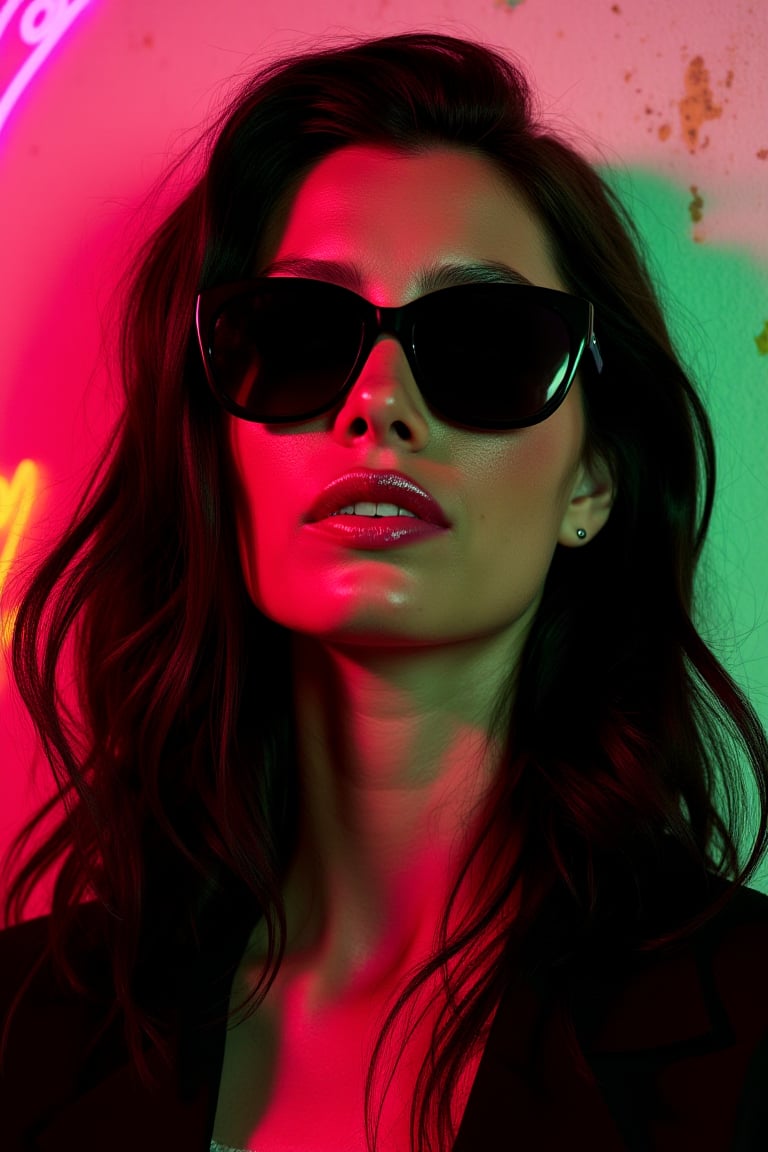 A stunning, neon-infused digital portrait of woJ3ssB13l with long, dark hair, captured in a stylized, edgy rendering. The woman wears oversized black sunglasses, reflecting a vibrant, chaotic urban landscape. Her sharp features, accentuated by warm, rich tones and contrasting hues, are illuminated by neon pink, yellow, and green lights. The background features a chaotic blend of abstract brushstrokes, adding to the piece's dynamic energy. The artist's signature, TMann, is inscribed at the bottom. The subject's face is partially revealed, with her eyes hidden in shadows and her hair contrasting the vivid hues. The artwork masterfully combines elements of cinematic, product, typography, illustration, architecture, conceptual art, painting, 3D render, dark fantasy, photo, graffiti,, typography, illustration, 3d render, vibrant, product, fashion, painting, anime, architecture, photo, conceptual art, cinematic, portrait photography, poster, graffiti, dark fantasy