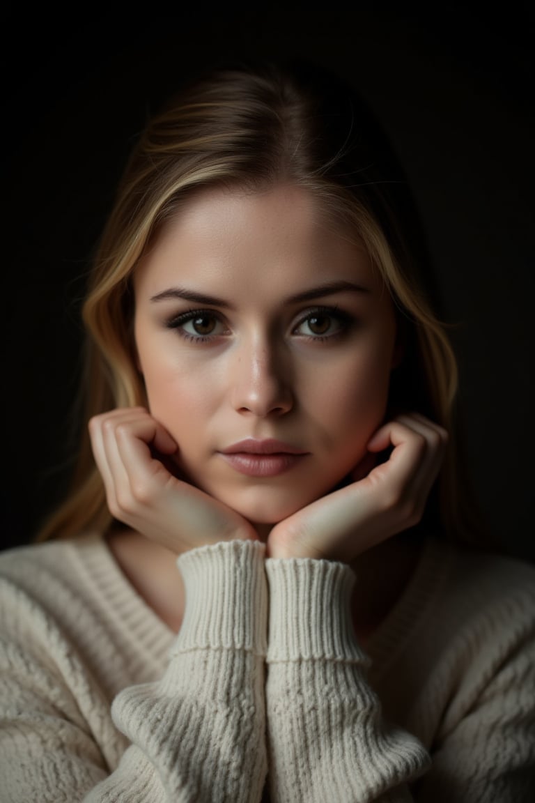 portrait, high res, young wo3r1nM0, soft light. Light sweater, dark background. Bury hands on the chin, having a deep thoughtful look on the face. Clear faces, pores are not enhanced, a touch of makeup. Visible hair strands. Warm, subdued colors. Blurred background. Full-frame camera, wide aperture. Studio lighting for depth. Subtle contouring shadows. Minimal editing, natural appearance.