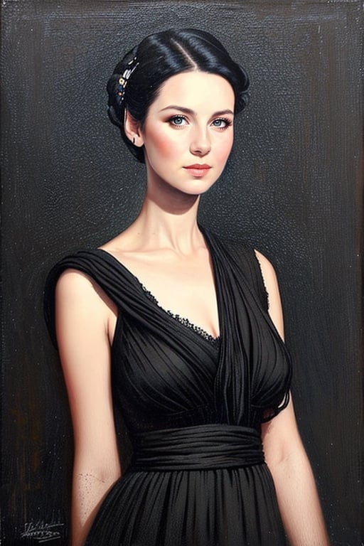 painting,  portrait of wo_caitbalf01,  upper body shot,  (black background:1.2),  tied in a bun hair, black hair,  slight smile,  wearing a vintage dress,  (style of Tom Bagshaw:1.2)