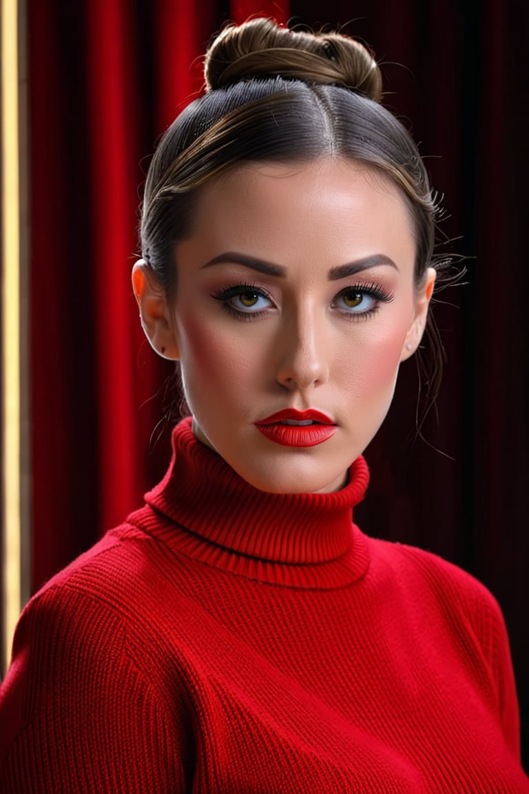 portrait of ohwx woman, tied hair in a bun, red turtleneck sweater, serious, vogue, intricate, elegant, highly detailed, digital painting, concept art, smooth, cristal clear, sharp focus, 8k, film grain, vignetting, chromatic aberrations, dramatic lighting