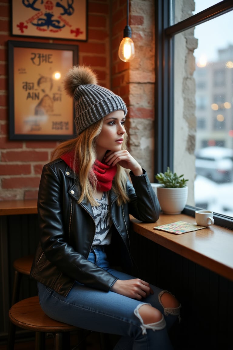 A professional photo of a cozy café setting with warm lighting and a rustic atmosphere. The interior features exposed brick walls adorned with vintage posters, giving the place a hip, urban vibe. wo3r1nM0 is seated at a wooden counter by a large window that overlooks a wintery cityscape, with a snow-covered buildings visible outside. Her outfit is casual yet stylish, consisting of a gray beanie with a fluffy pom-pom, a distressed leather jacket, and a red scarf. She's wearing a graphic t-shirt underneath and ripped skinny jeans that enhance the relaxed look. Her expression is contemplative as she loooks out the window, her hand resting against her chin. On the counter in front of her, there's a cup of coffee, suggesting that she's taking a moment to unwind. The overall mood is warm and reflective, with an air of quiet solitude, as the woman seems lost in thought while enjoying the tranquil ambience of the café