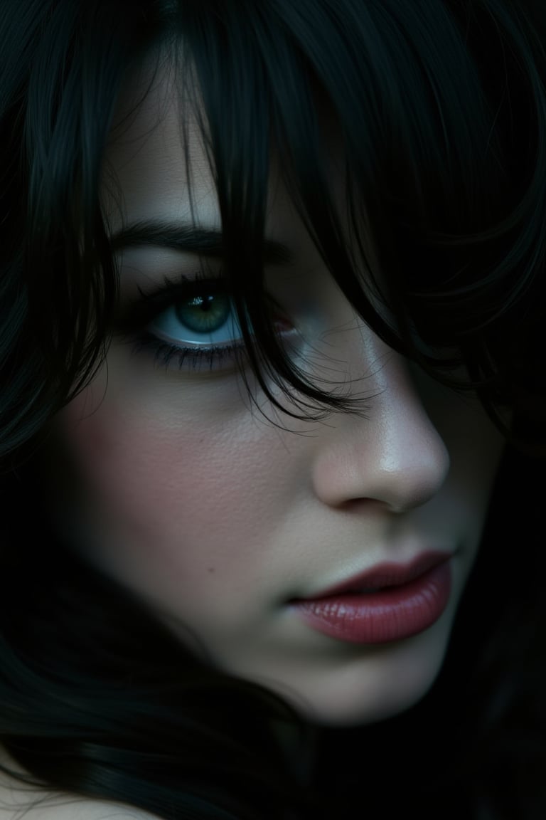 Amazing cinematic photograph realistic a close-up of wost0y4 woman face, predominantly focusing on one eye. The eye is green and appears to be partially obscured by flowing, vibrant black hair. The hair envelops the eye, creating a sense of mystery and depth. The background is blurred, emphasizing the subject and the eye. 8k. pale skin