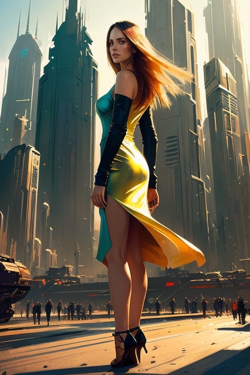 style of John Berkey and Noah Bradley, wo_alibrie01,  long hair,  tight dress,  head portrait,  sunny city in the background,  centered,  in frame,  concept art,  digital illustration,  matte,  sharp focus,  smooth,  intrincate