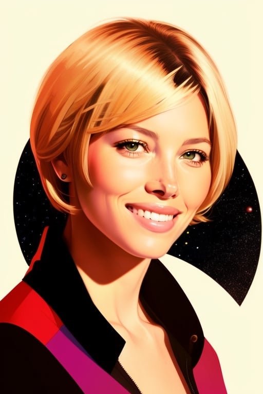 style of Bob Peak,  wo_jessbiel01,  big smile, short hair with blonde highlights, loose outfit,  portrait,  space shit deck,  centered,  in frame,  concept art,  digital illustration,  matte,  sharp focus,  smooth,  intrincate