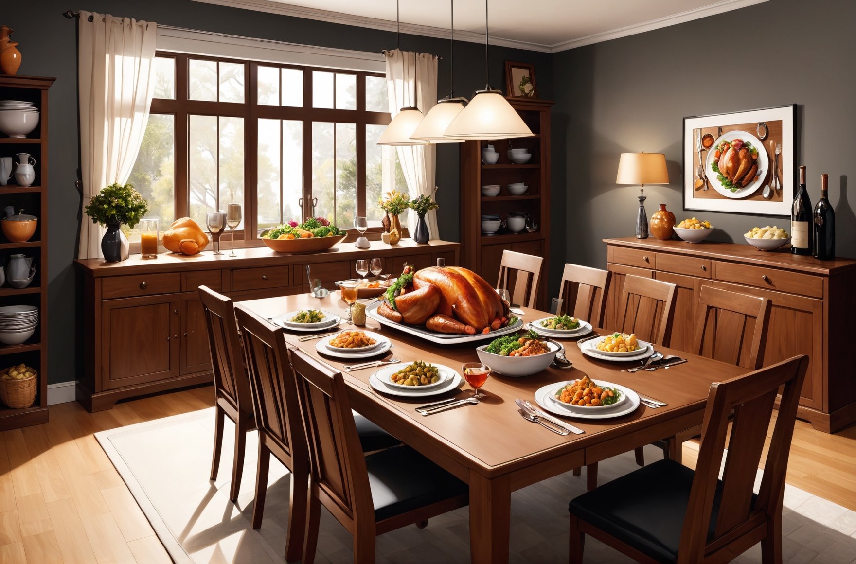 a table filled with food, a dinner table with a turkey dinner, a dining room in a modern family home, a set of dishes on a table (PaintStyle:0.4)