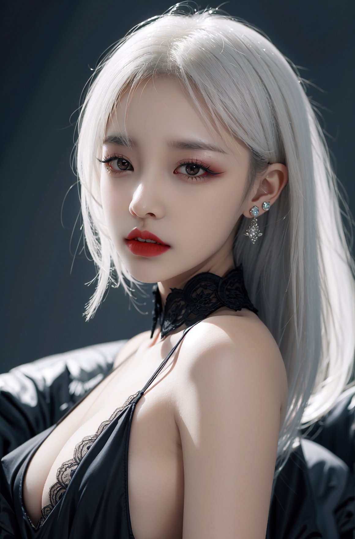 girl, solo, jewelry, white hair, (revealing dress), medium boobs, gothic, earrings, makeup, high collar, lipstick, vampire, pale skin, looking at viewer, gem, upper body, eyelashes, white eyes, lips