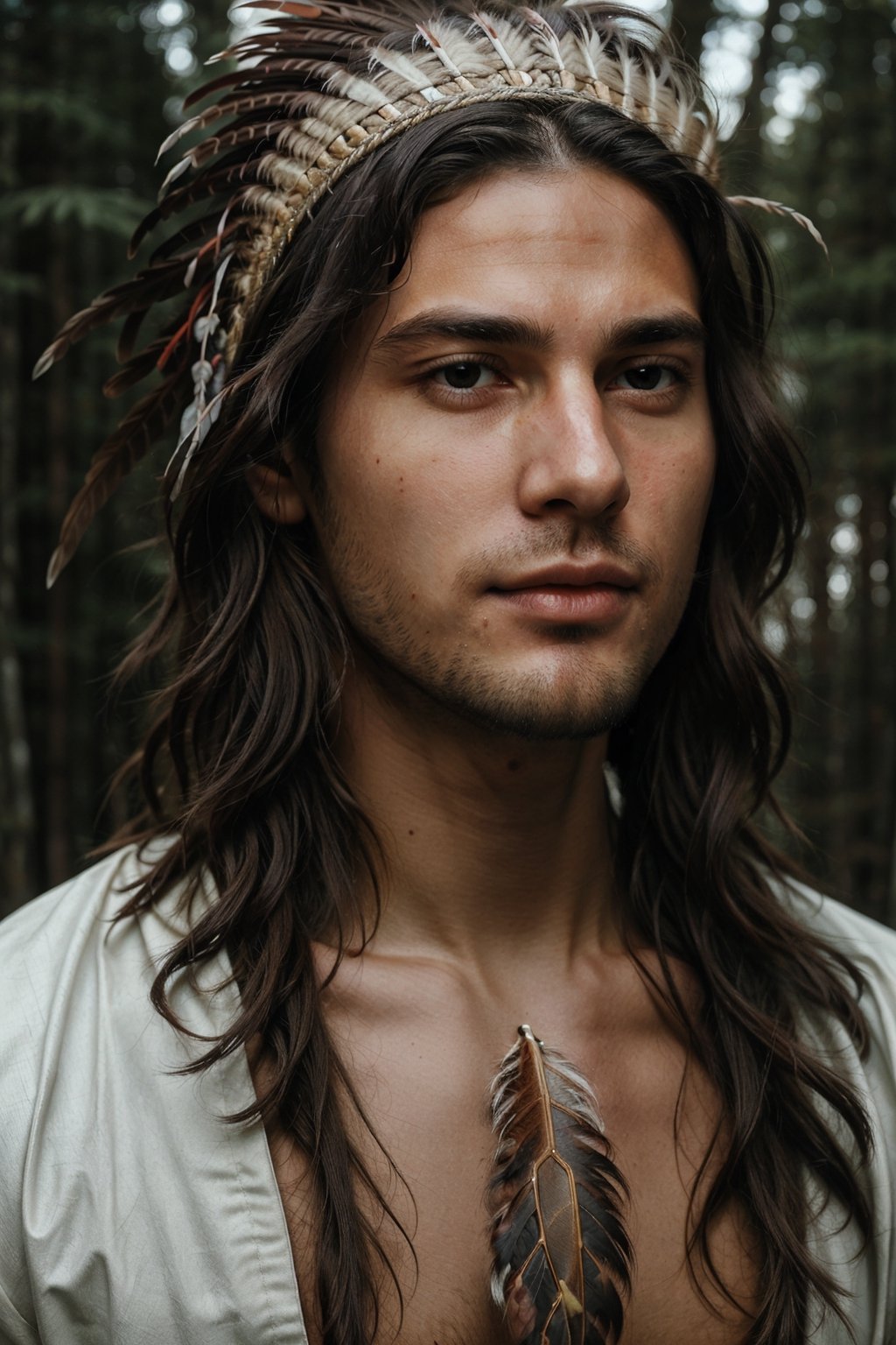 Cinematic of handsome Native Americans, Tribal warrior, brown_skin:1.2, with shaman tattoo, realistic skin, (Tribal bird feather hat), long black hair, realistic muscle | Giant  White Wolf from beside a man, the wolf is bigger than the man, Cinematographic, In the middle of a deep and dark forest. Leonardo Style, realistic film shot in natural light, best quality, 8k, detailed hand, detailed finger, high detail, accessory details, cover_foot, Film Still, (Depth of field:1.3), Bokeh light, glowing,male, ((full_body shot)), (proud stance:1.5), (together),Detailedface, mustache:0,1, 