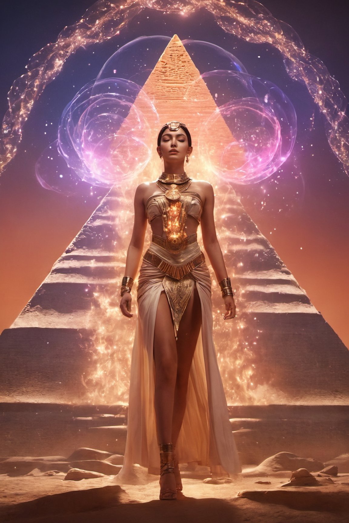 (in Egypt), (Pyramid Egypt behind), (character Isis), egyptian style, ((full body)), fire as part of human body, blonde_hair, nature, subsurface scattering, transparent, translucent skin, glow, bloom, Bioluminescent liquid,3d style,cyborg style,Movie Still,Leonardo Style, warm color, vibrant, volumetric light, xxmix_girl, Monica Bellucci, realistic skin:1.5, (Coral), dfdd, (translucent blooms), aw0k, (((floating energy bubbles))), Floating:1.5, huayu, dancing, 6000, LostRuins, scenery, Dark